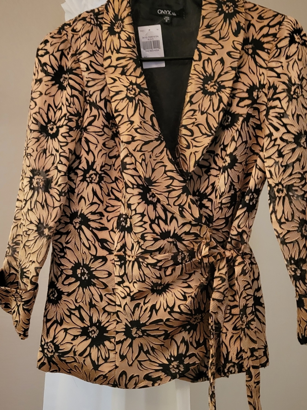 Onyx Black Floral Wrap Blazer on Tan Base
